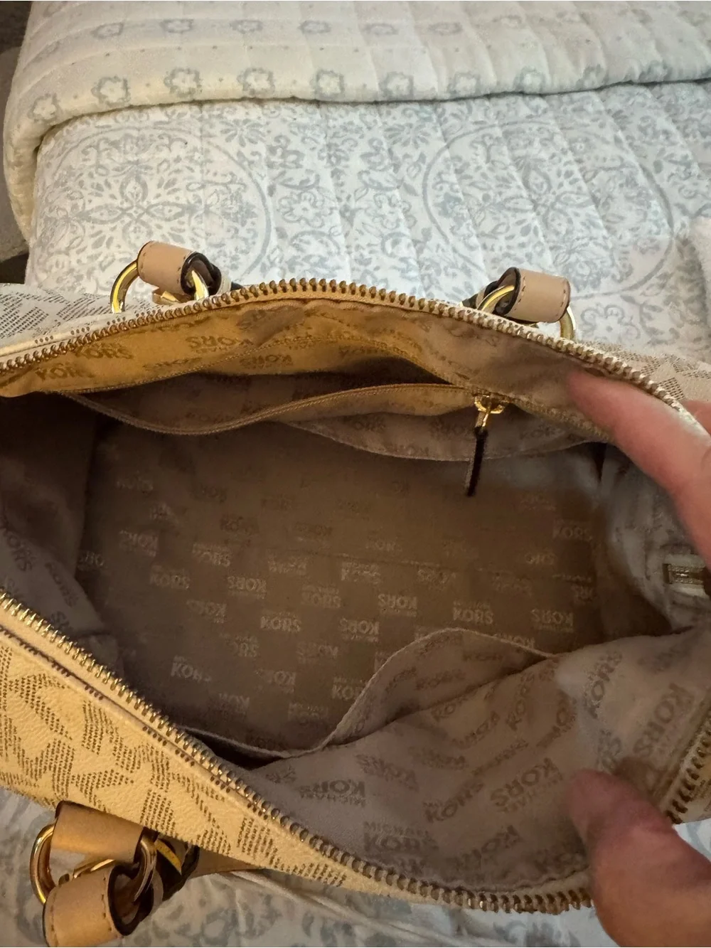 Michael Kors Beige Logo Dome Satchel with Gold Hardware